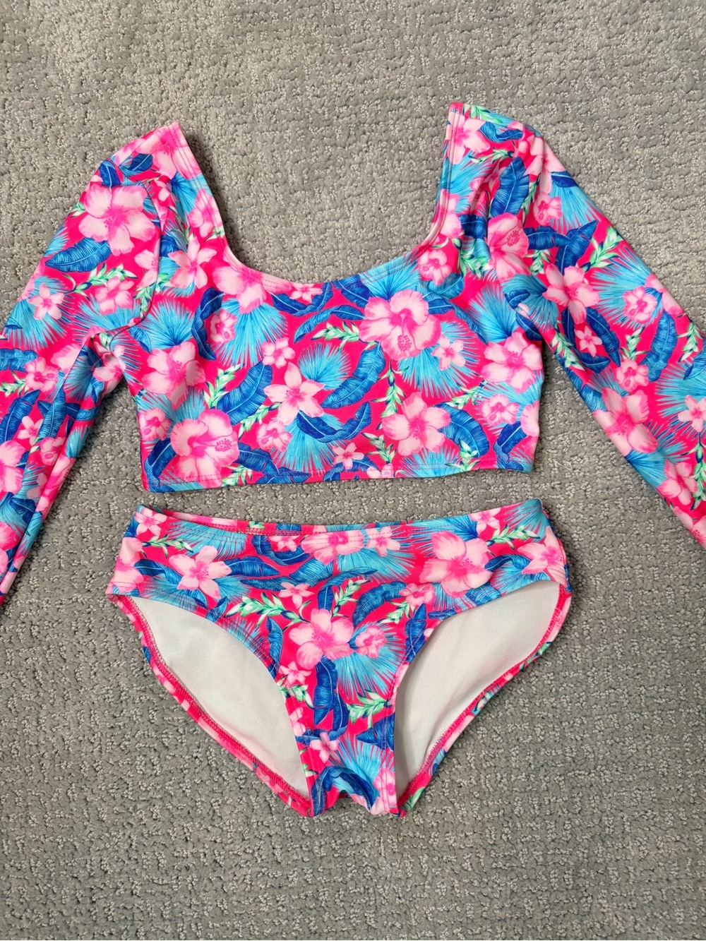 Kids Long-Sleeve Floral Two-Piece Swim Set - Pink & Blue
